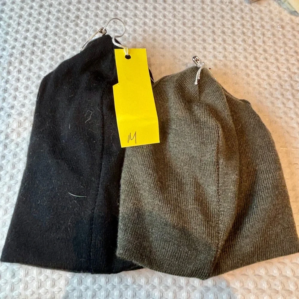 Upcycled Merino Wool Beanie Hats 2 Pack Black & Olive Green Ribbed‎ Knit | Med.